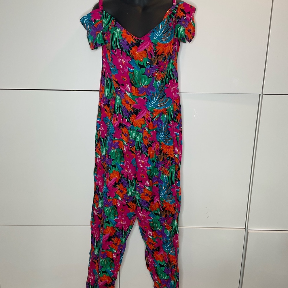 Floral Off-Shoulder 80s Jumpsuit Vintage Large pockets
